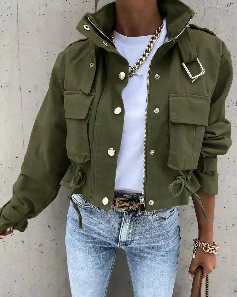 Women Cropped Cargo Jacket Stand Collar Zip Button Long Sleeve Coat Multi Pocket Drawstring Streetwear Casual Short Outerwear