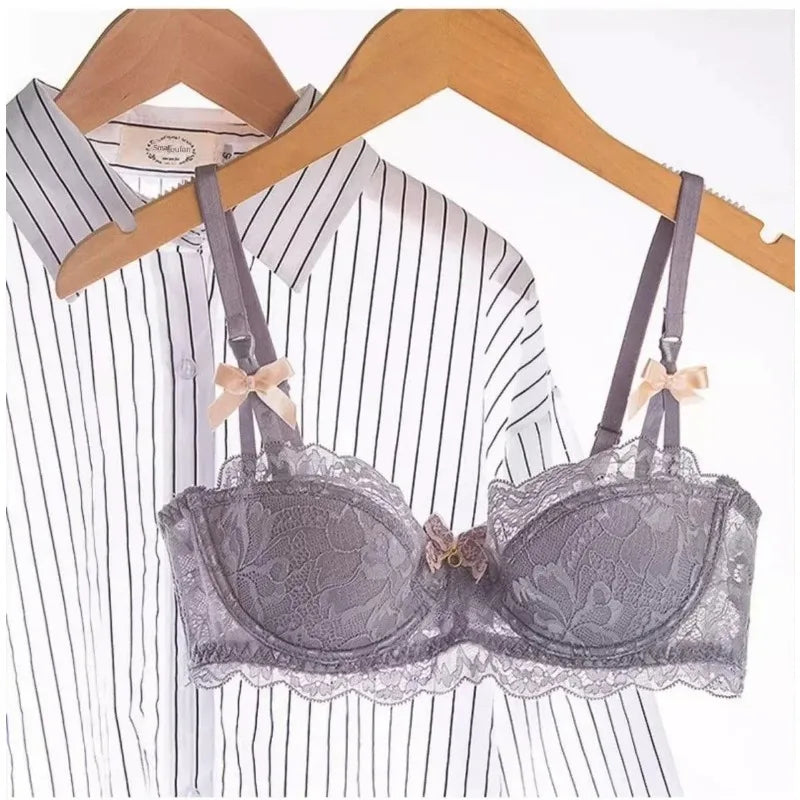 MOYISU 1/2 Ear AB Cup Pure Desire Girl Bra Set | Pull-up Bra Set With Bow Breathable French Lace Bra | Anti-Slip Cup Date Night