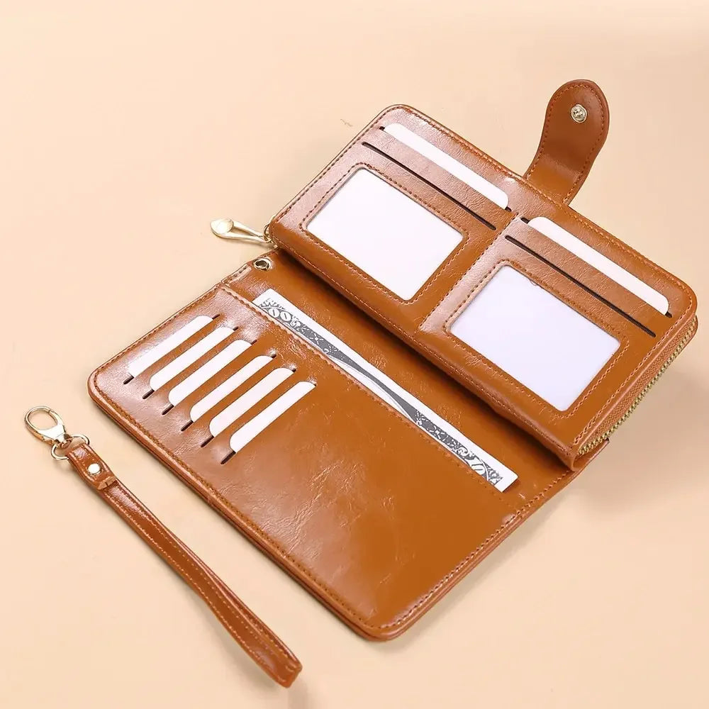 Vintage Oil Wax PU Leather Clutch Wallet for Women Large Capacity Phone Purse with Wrist Strap Simple Card Holder Pouch Bag