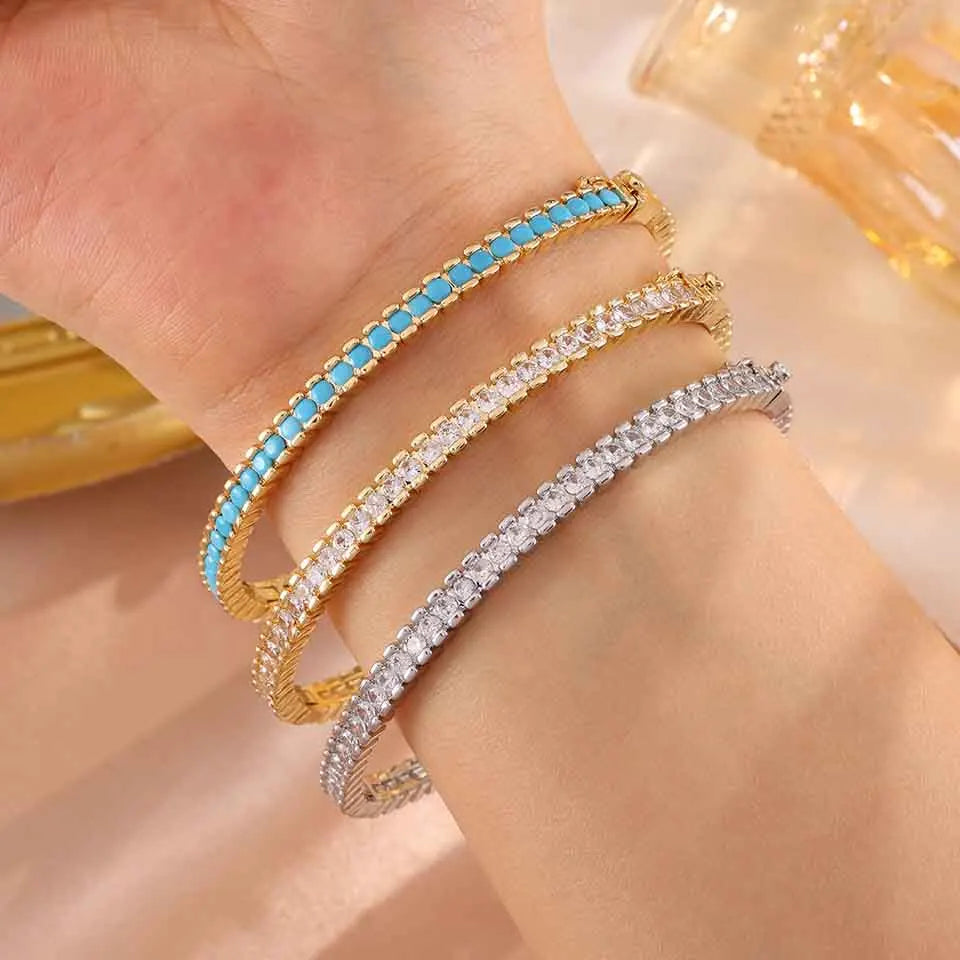 ZAKOL New Shiny Round Blue Turquoise Zirconia Tennis Bracelet for Women Gorgeous High-end Wedding Party Jewelry Gifts
