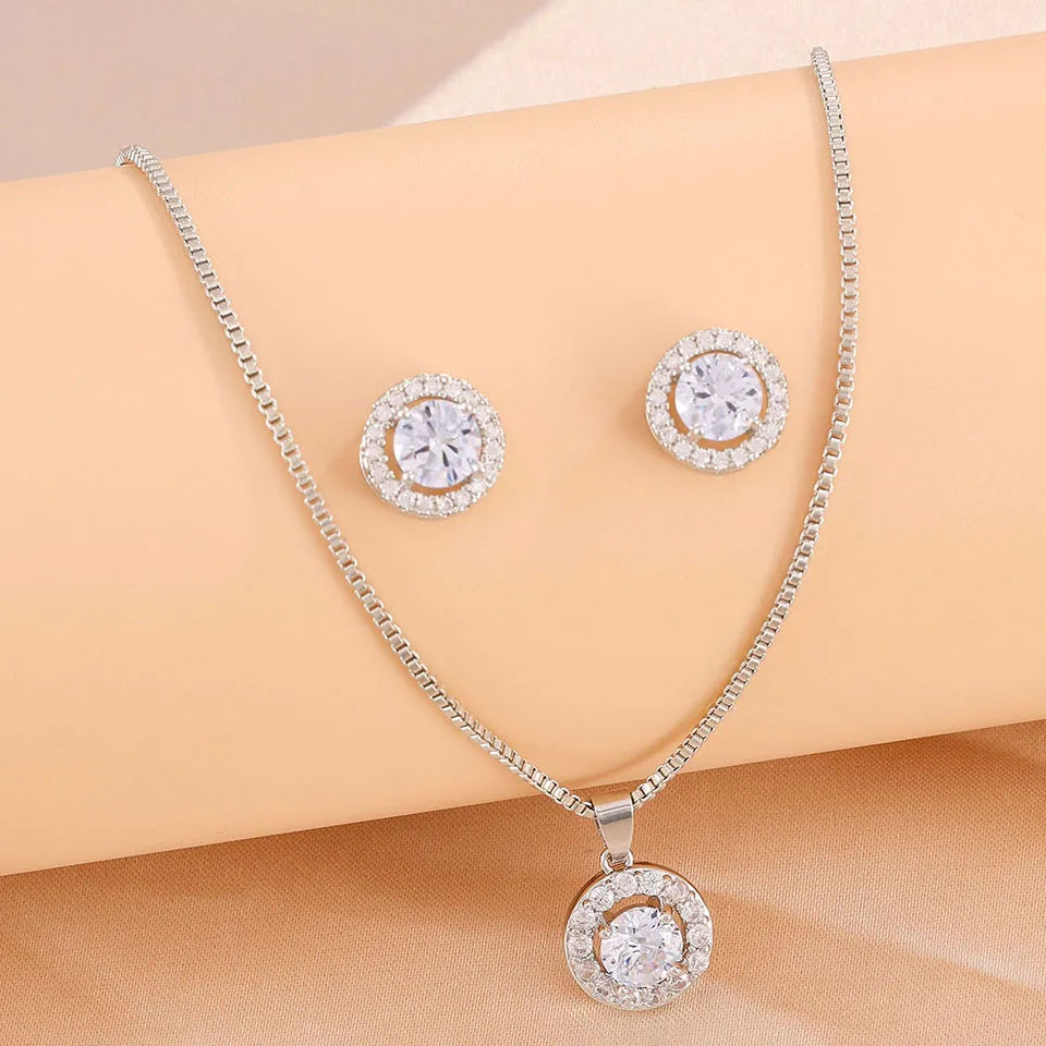 ZAKOL Creative Blue Turquoise Cubic Zirconia Round CZ Stud Earrings Necklace Set for Women Shiny Exquisite Jewelry Gifts