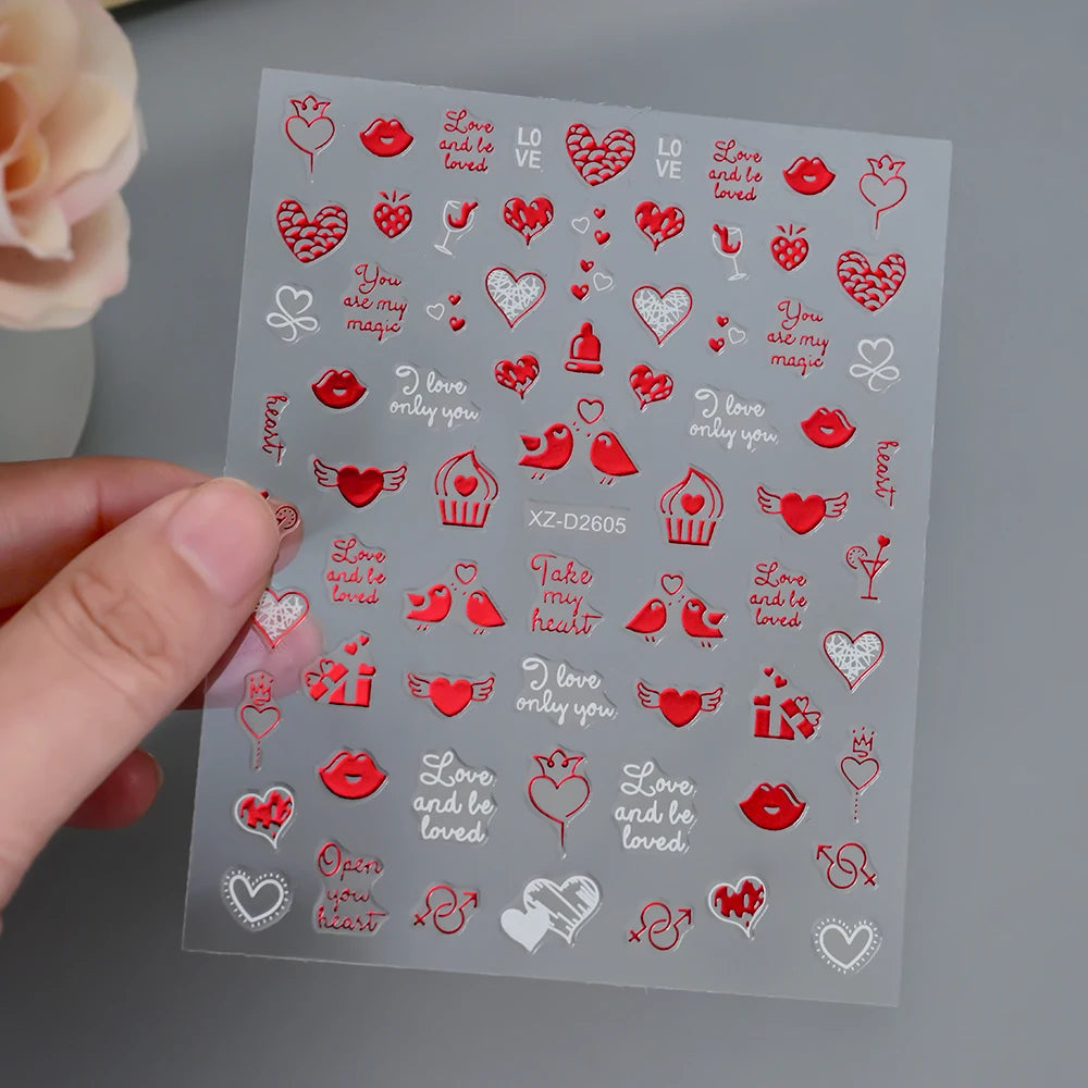 1Pc 3D Red Love Heart Nail Art Stickers Rose Flower Lip Self Adhesive Decals Valentine' Day Nail Sliders For Manicure Decoration