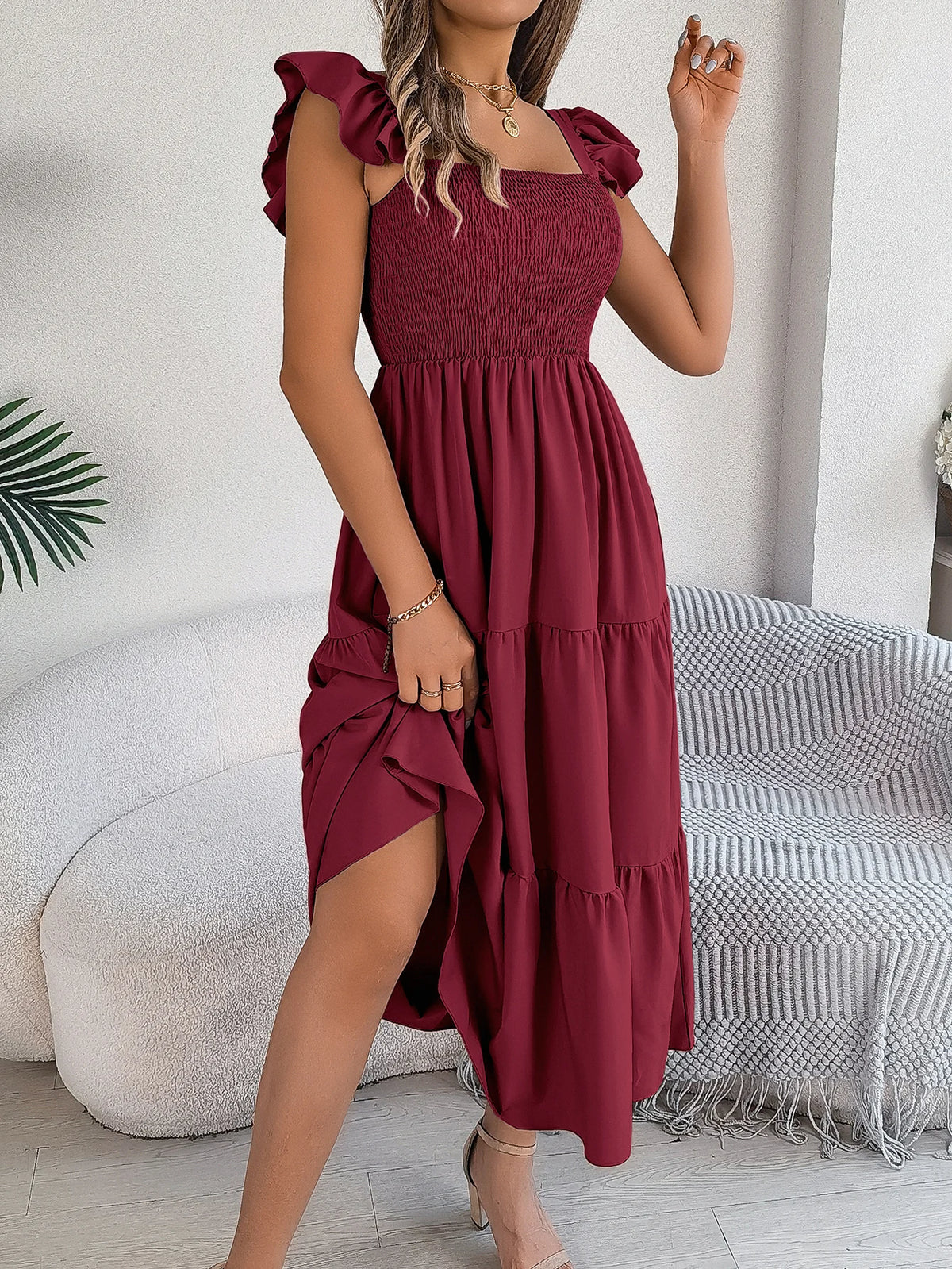 Spring Summer Solid Color Edible Tree Fungus Edge Square Neck Sleeveless Holiday Dress Elegant Long Dresses for Women Rose Blue