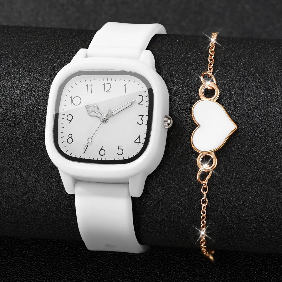 2PCS Fashion Women Watch Heart Bracelet Set Square Dial Silicone Strap Ladies Quartz Wristwatches Relogio Feminino (Without Box)