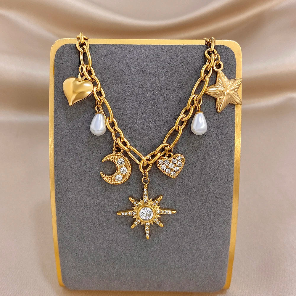 Flashbuy New Trendy Chic Gold Plated Stainless Steel Bracelet Statement Moon Heart Star Charm Sun Pendant Wrist Fashion Jewelry