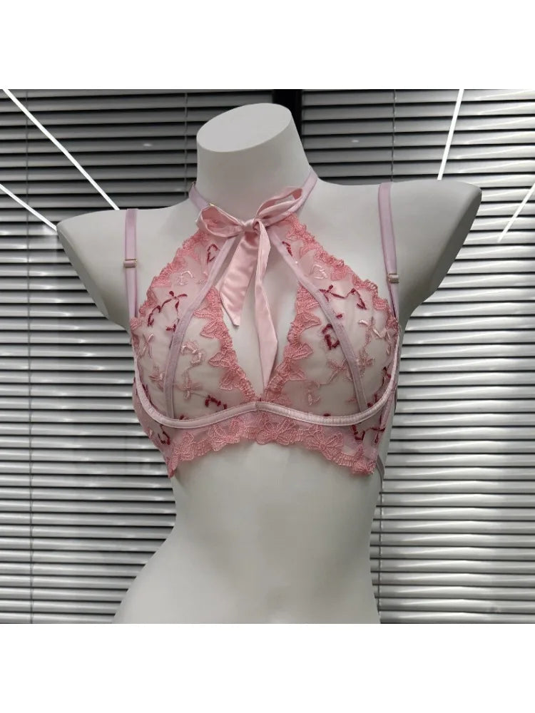 Women's Embroidered Ribbon Bow Bralette & Panty Set, Butterfly Mambo Pure Desire Wireless Comfort Bra for Daily Wear MOYISU Sexy