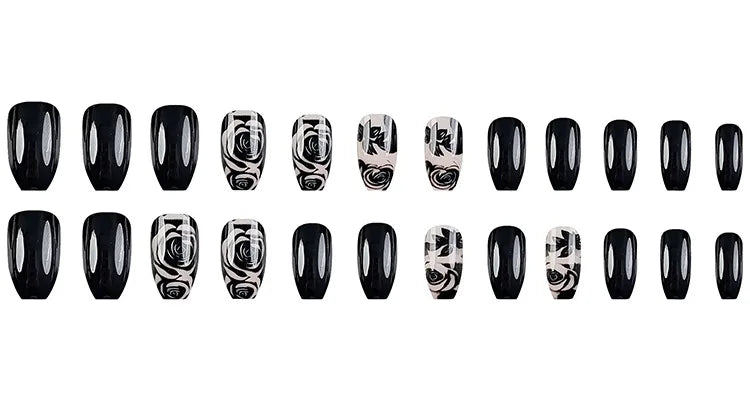 24Pcs Solid Black Short False Nails with Rose Pattern Design Ballerina Square Artificial Full Cover Press on Nail Tips for Girls