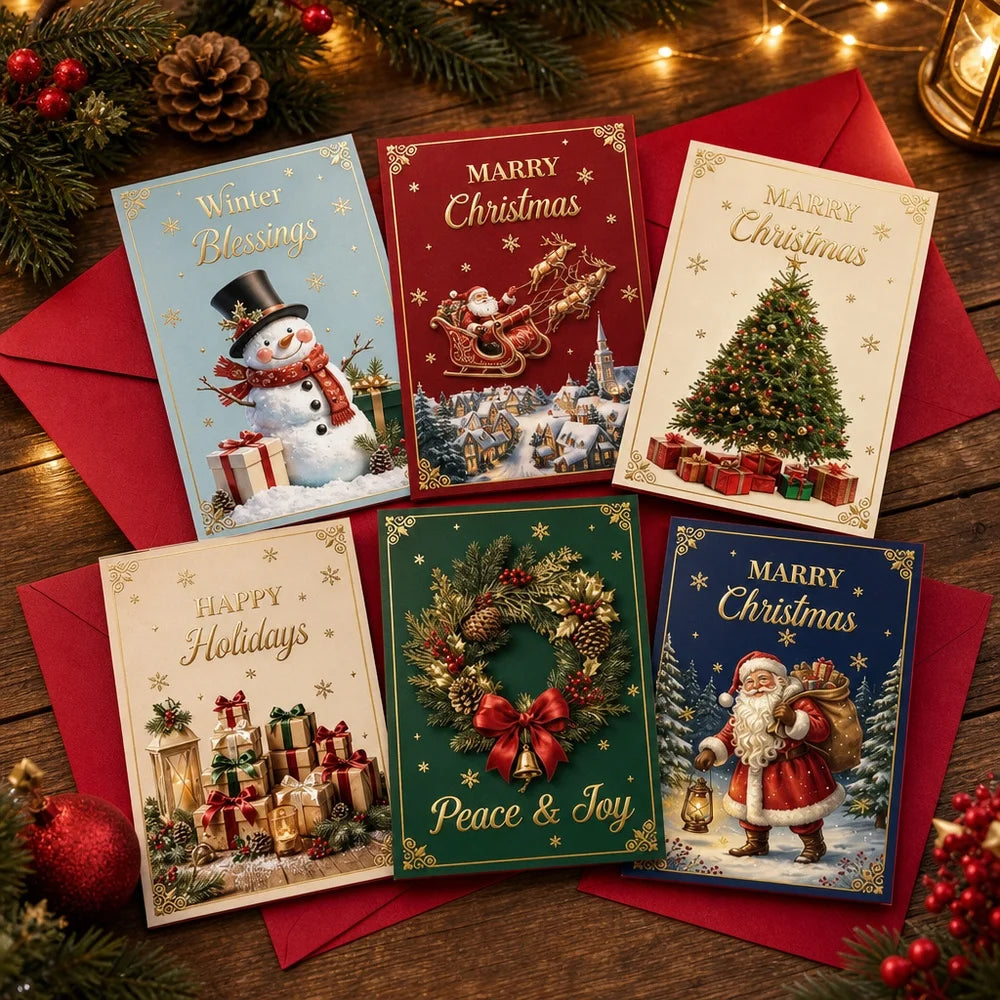 24Pcs Vintage Christmas Greeting Cards with Envelopes, 6 Styles Merry Christmas Holiday Note Cards, Xmas Gift Greeting Postcards