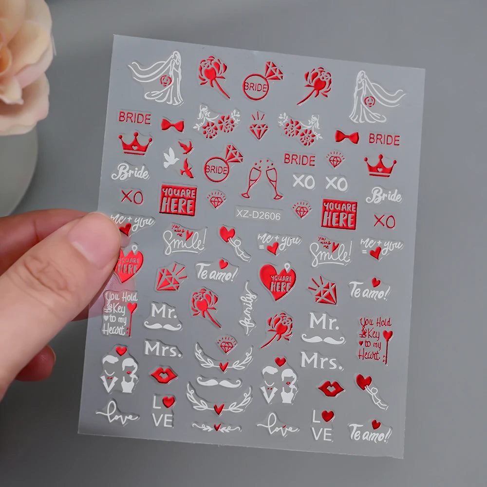 1Pc 3D Red Love Heart Nail Art Stickers Rose Flower Lip Self Adhesive Decals Valentine' Day Nail Sliders For Manicure Decoration