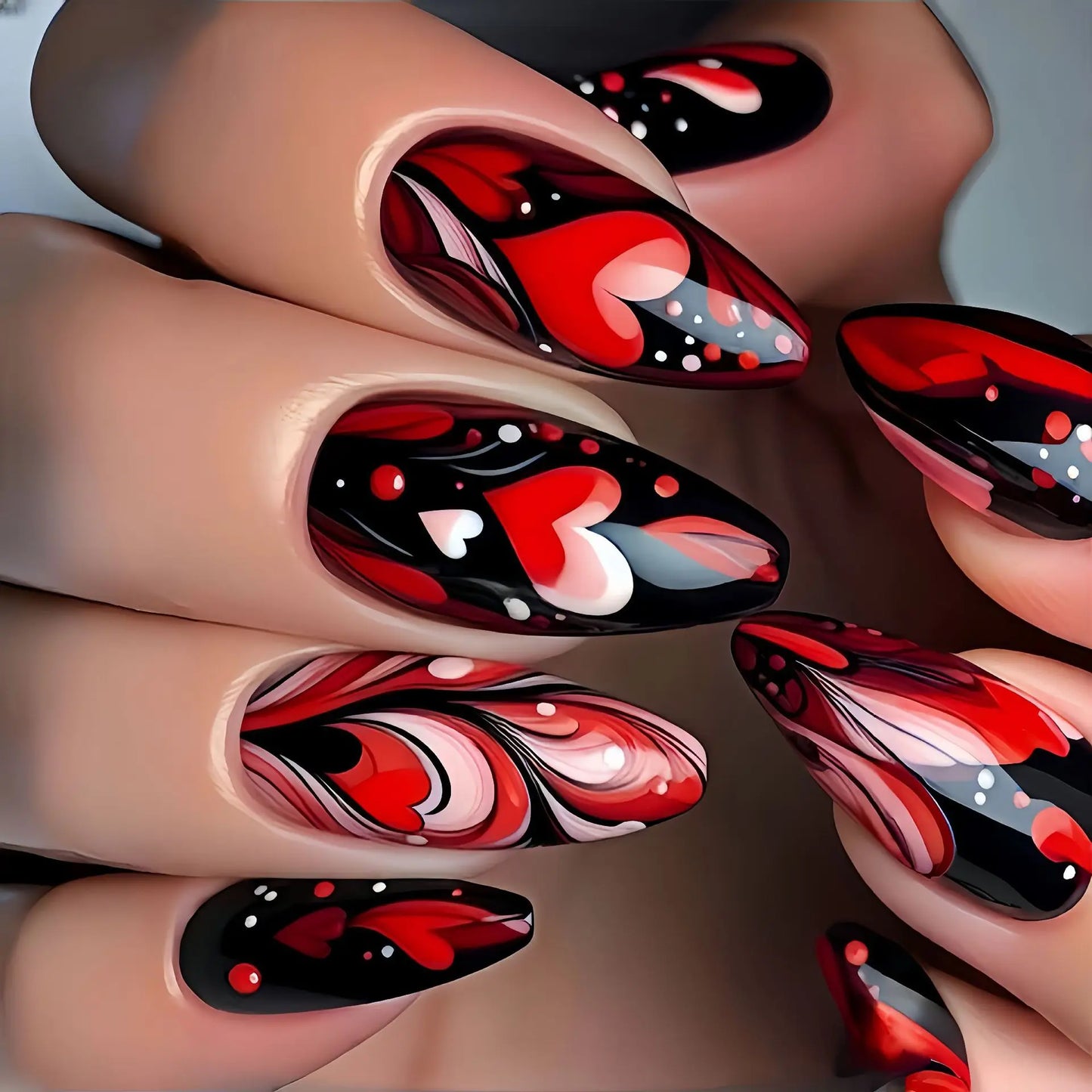 24PCS Black Medium Coffin False Nails Pink Heart Sweet Cool Stripes Press on Nails Full Cover Wearable Square Fake Nails Patches
