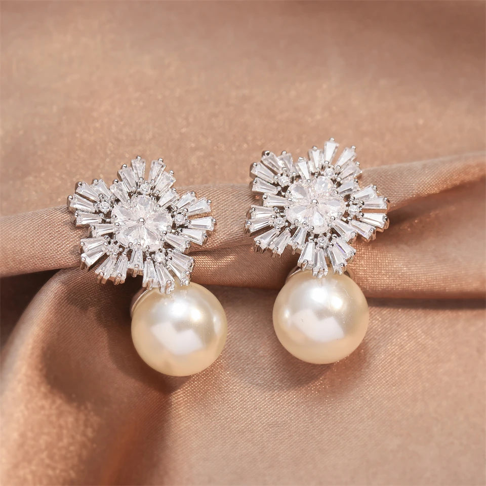 أقراط متدلية زاكول كوريا فاشن على شكل ندفة ثلج من اللؤلؤ الصناعي الدائري للنساء الأنيقات، مجوهرات زيركونيا للعروس والأعراس