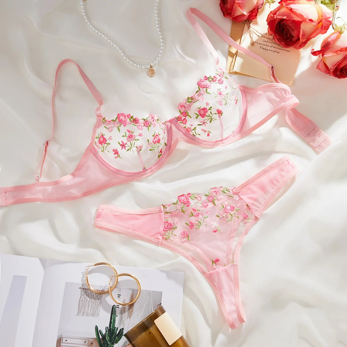 Pink Floral Embroidery 2-Piece Bra Set Women's Half Cup Thin Breathable Thong Underwear Valentine's Day Gift