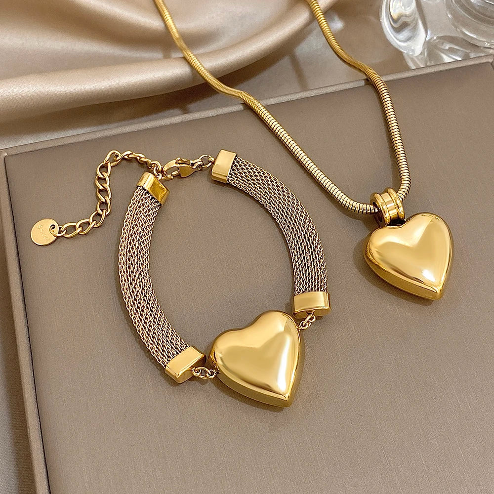 Punk Chunky Women's Set Jewelry Gold Color Thick Chain Heart Pendant Stainless Steel Necklace Bracelets Set Fashion Jewelry