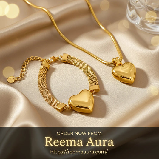 Punk Chunky Women's Set Jewelry Gold Color Thick Chain Heart Pendant Stainless Steel Necklace Bracelets Set Fashion Jewelry