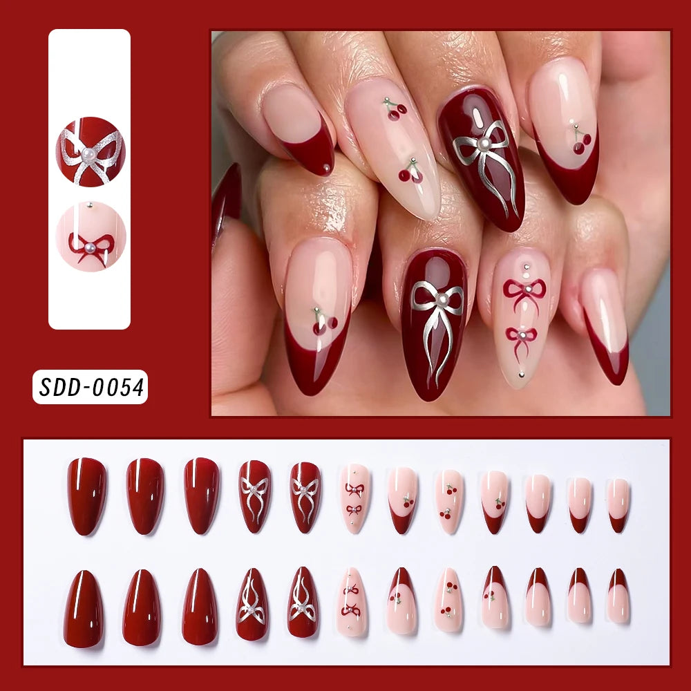 24Pcs Blue Almond Wearable Press on Nails 3D Pearl Bow Full Cover Fake Nails Tips with Bowknot Design French False Nails