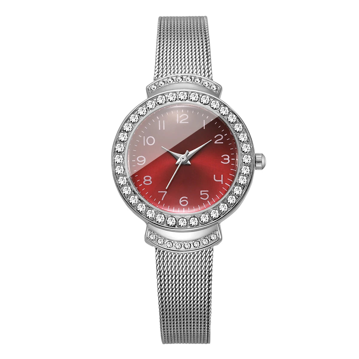 Fashion Rhinestone Red Dial Women Quartz Watch Silvery Mesh Strap Ladies Dress Wristwatches Clock Relogio Feminino（Without Box）