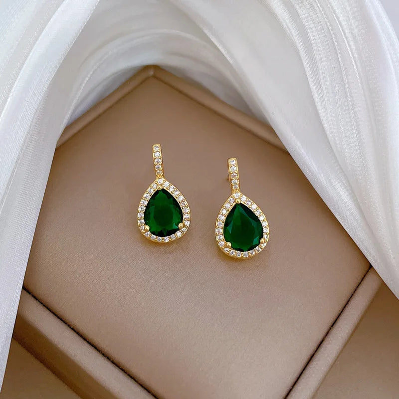 ZAKOL Exquisite Stainless Steel Green Water Droplet Inlay Zircon Pendant Necklace Earrings Set Trend Jewelry Gift for Women
