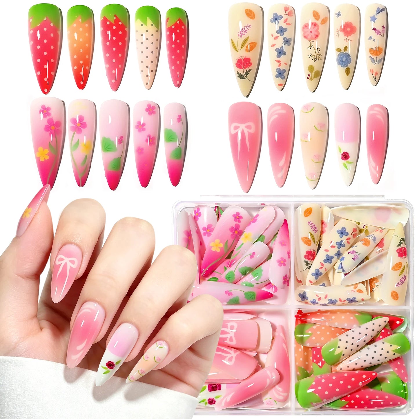 96pcs Gradient Pink Strawberry Design Long Almond False Nails Full Cover Fake Nails Tips Extension Floral Bow Press on Nails