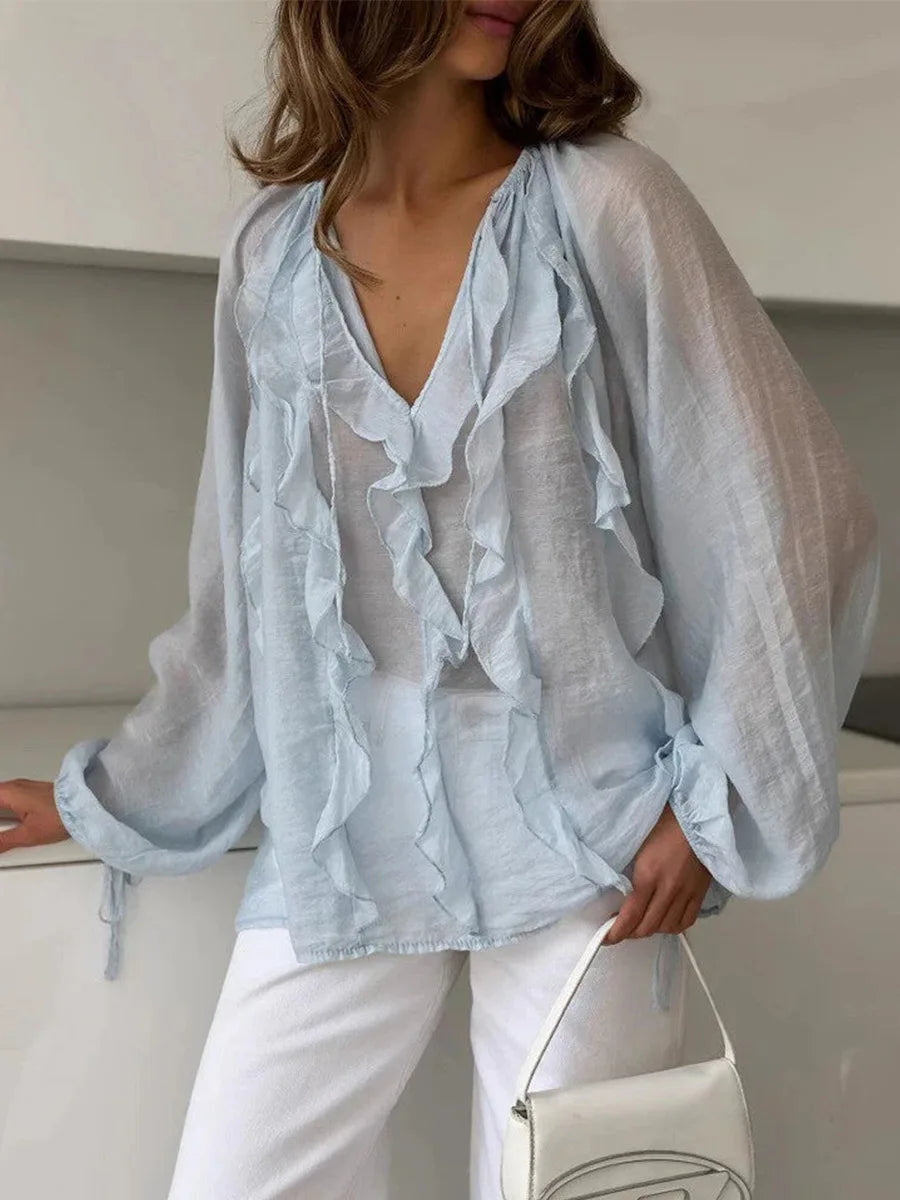 Elegant Ruffles V-Neck See-Through Patchwork Loose Blouses For Women Casual Solid Long Sleeve Female Summer Shirt Blouse Top