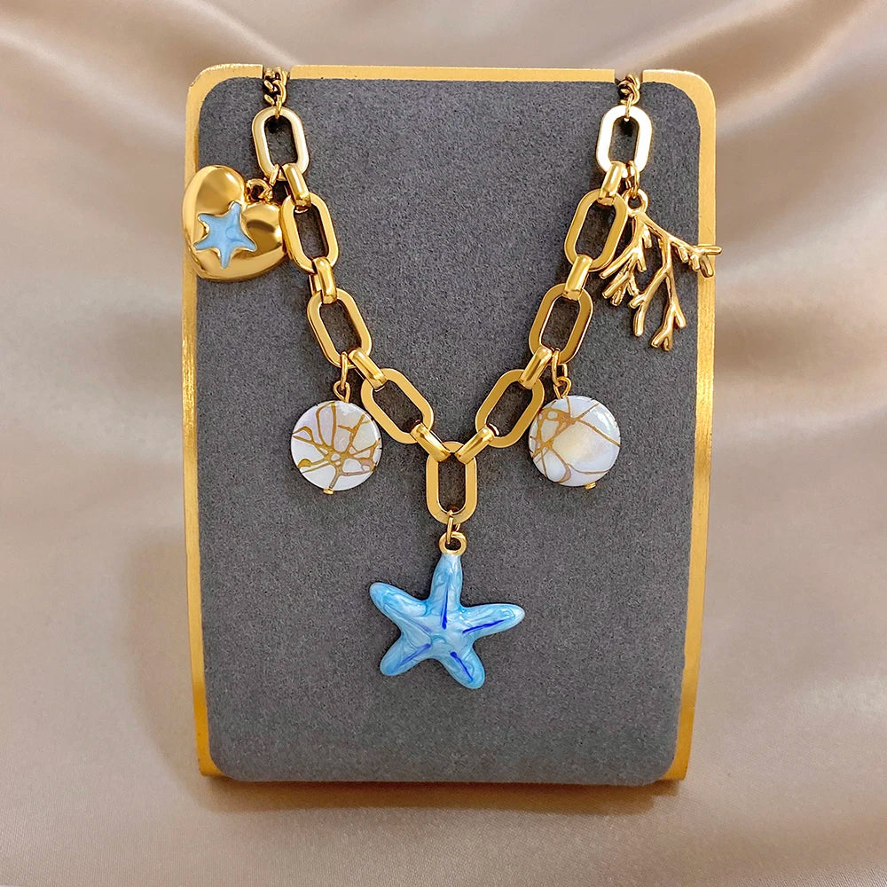 Flashbuy Golden Ocean Charm Necklace, Starfish Crab Octopus Pendant, Boho Beach Jewelry for Women, Summer Vacation Accessory