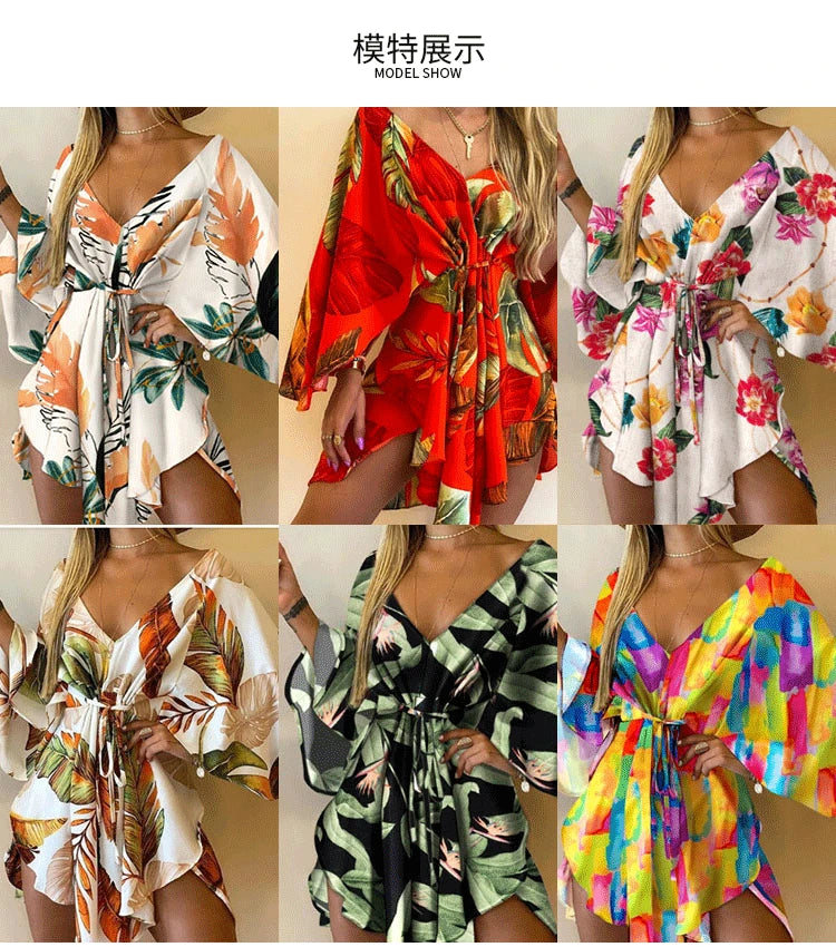 Sexy V-Neck Floral Boho Dress – Asymmetrical Loose Fit with Batwing Sleeves | فستان بوهيمي صيفي واسع بنقشة أوراق وياقة V وأكمام بات وينغ غير متماثل