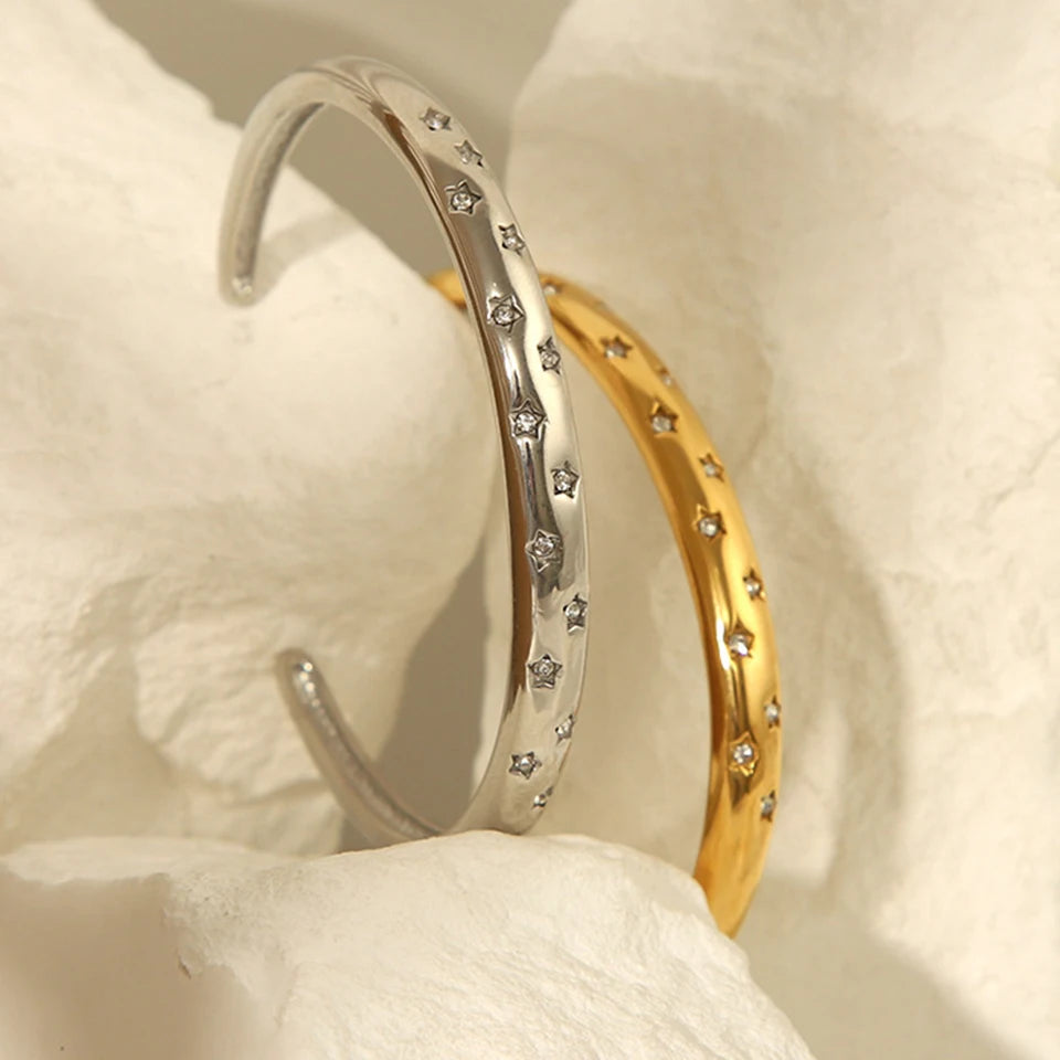 ZAKOL Trendy Stainless Steel Five-pointed Star Zircon Inlaid Open Bracelet Versatile Non Fading Cuff Bangles Jewelry Gift