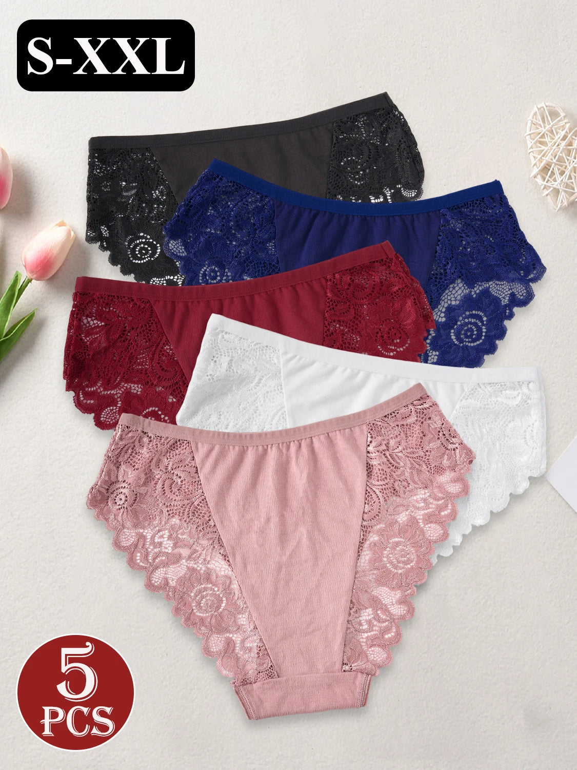 5PCS Women's Cotton Underwear Semi-Sheer Elegant Lace Floral Panties Solid Color Mid-Rise Comfortable Briefs Sexy Lingerie
