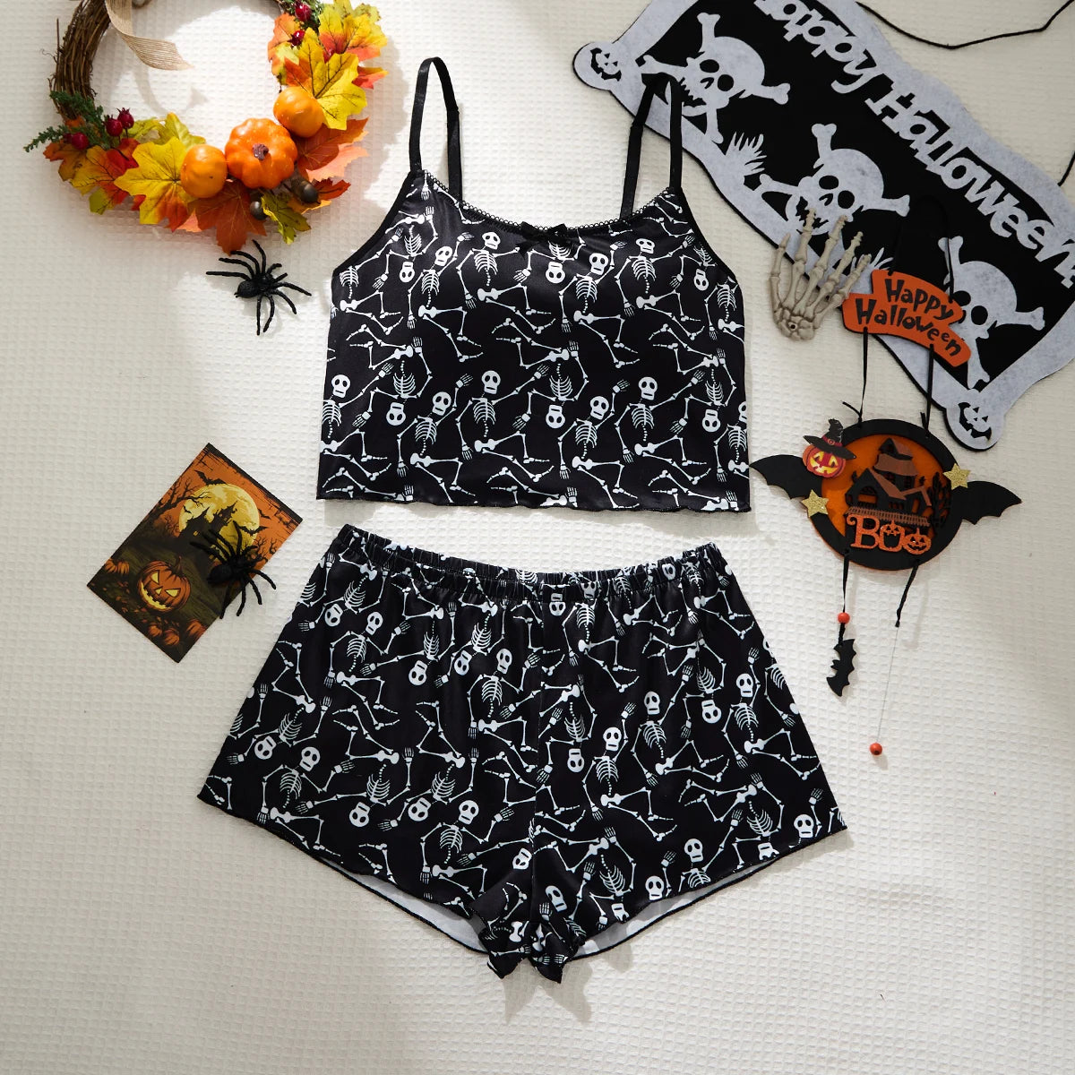 Women's Halloween Pajamas Set Black White Skeleton Print Camisole Top and Shorts Sleepwear Spooky Season Loungewear
