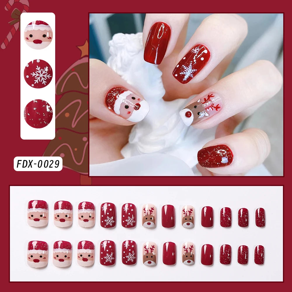 24Pcs Christmas Red French Almond Fake Nails Snowflake Xmas Hat Design Full Cover False Nail Acrylic Wearable Press On Nails