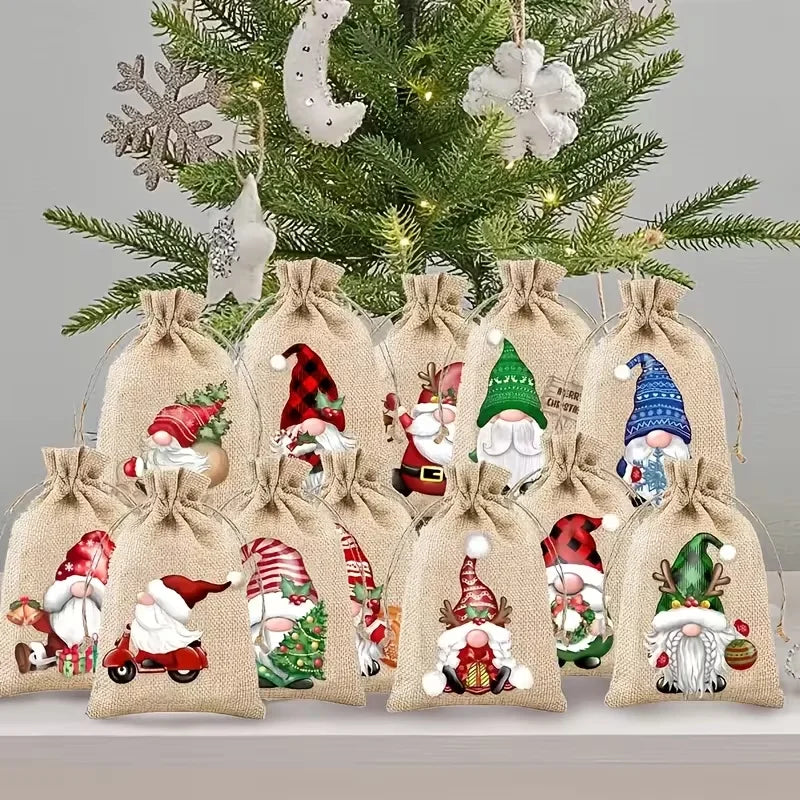 12Pcs Retro Red Truck Christmas Drawstring Pockets, Various Christmas Element Carriers, Painted and Printed Fabric Small Bags