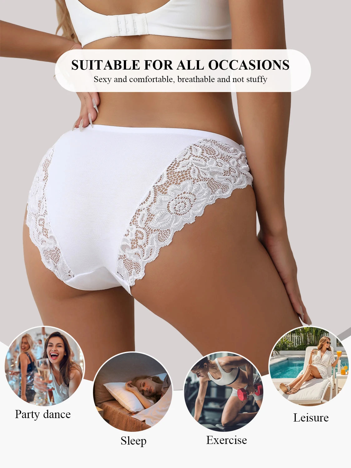 5PCS Women's Cotton Underwear Semi-Sheer Elegant Lace Floral Panties Solid Color Mid-Rise Comfortable Briefs Sexy Lingerie