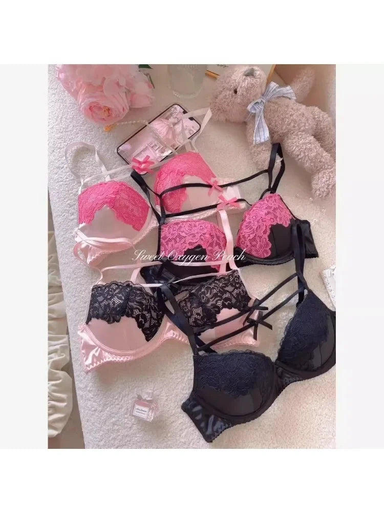 MOYISU Sweet Trap French Bow Bra Set - Wireless Push-Up for Petite Chest, Pure Seduction Lace Bralette with Elegant Ribbon Charm