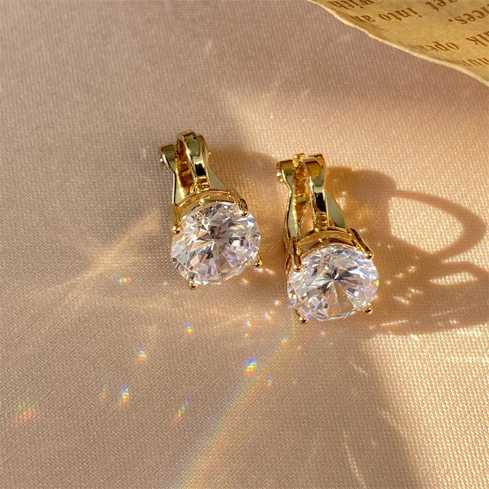 Trendy Round Cubic Zirconia Copper Clip Earrings For Women Gold Color Crystal Metal Earring Party Wedding Daily Jewelry