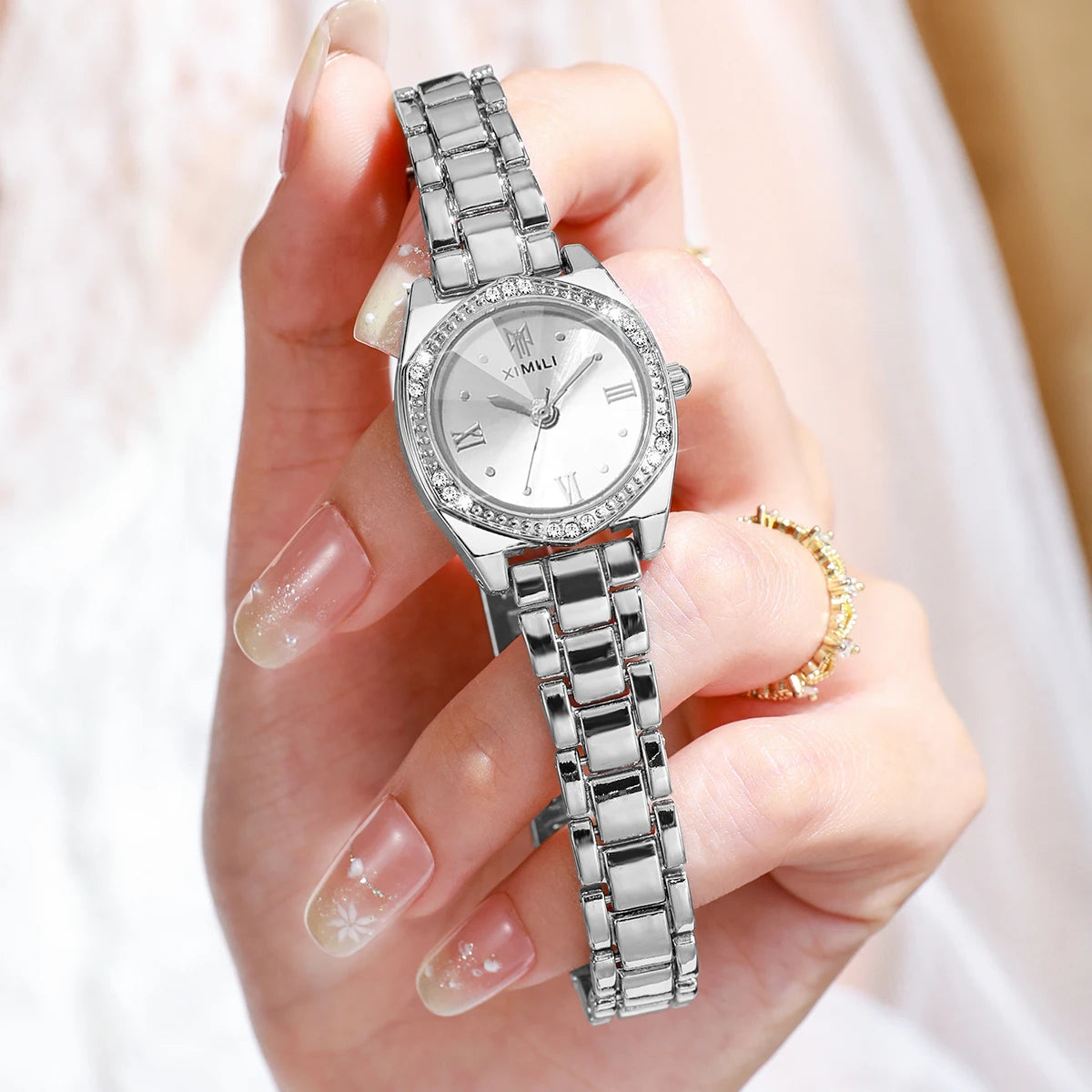 Elegant Rhinestone Roma Dial Women Quartz Watch Stainless Steel Bracelet Wristwatches Clock Gift Relogio Feminino（Without Box）