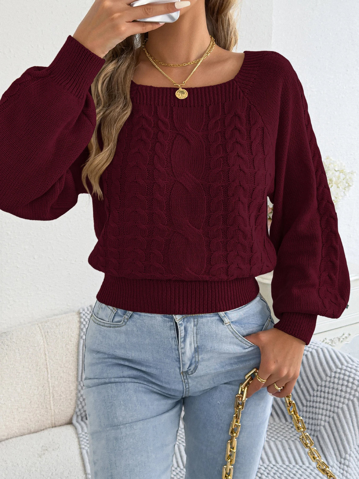 2026 Fashion Woman Sweaters for Autumn Winter Solid Color Square Neck Lantern Long Sleeve Twist Knitted Pullover Tops White Red