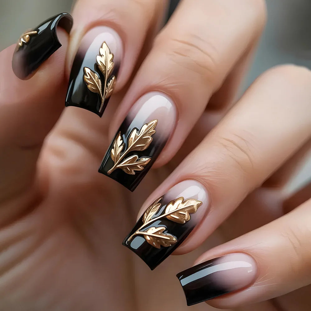 24PCS Gothic False Nails Dark Red Vine Pattern Medium Coffin Press on Nail Sticker Sweet Cool Glossy French Fake Nail Spice Girl