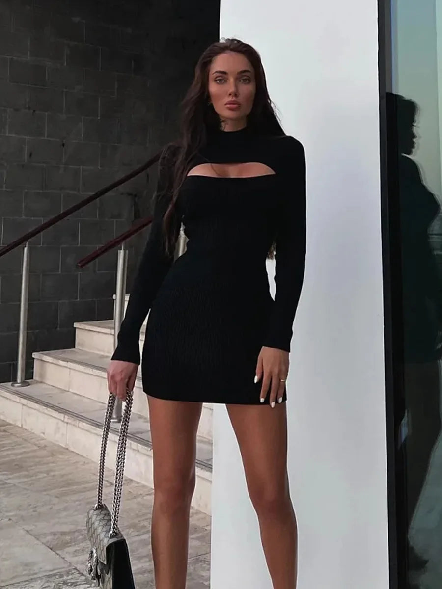 BKLD 2026 Fall Winter New Arrivals: Long Sleeve Knitted Dress Hollow Out Round Neck Sexy Slim Fitted Short Sweater Dress Women