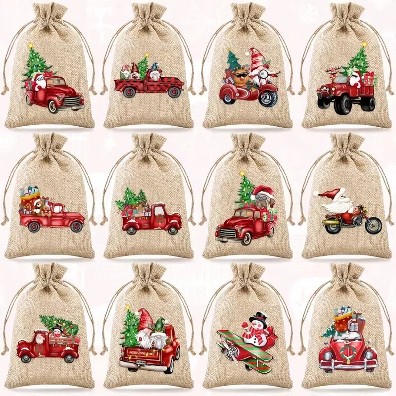 12Pcs Retro Red Truck Christmas Drawstring Pockets, Various Christmas Element Carriers, Painted and Printed Fabric Small Bags