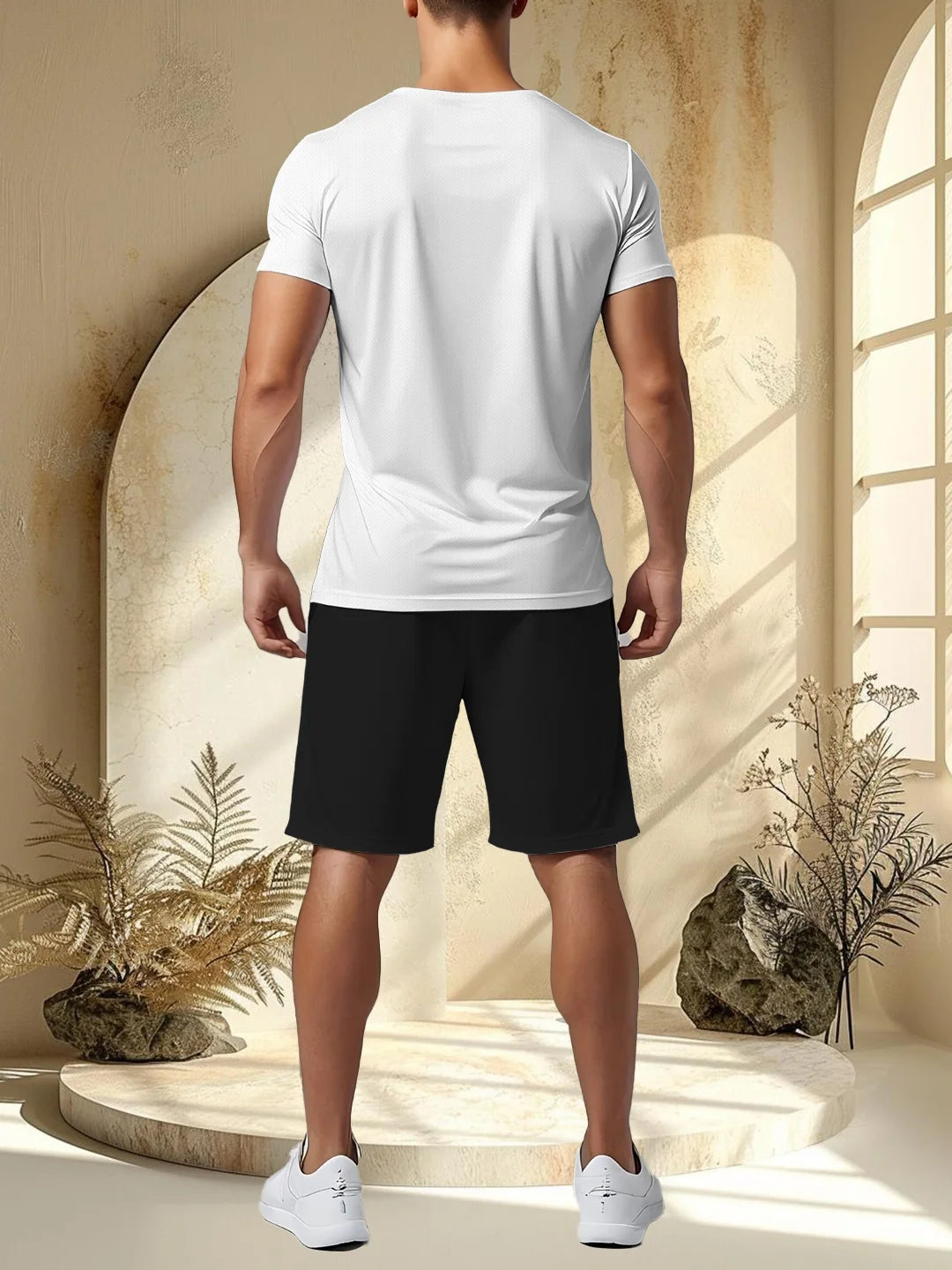 Men's printed two-piece fashionable casual round neck short sleeved T-shirt and drawstring shorts spring/summer sports suit men'
