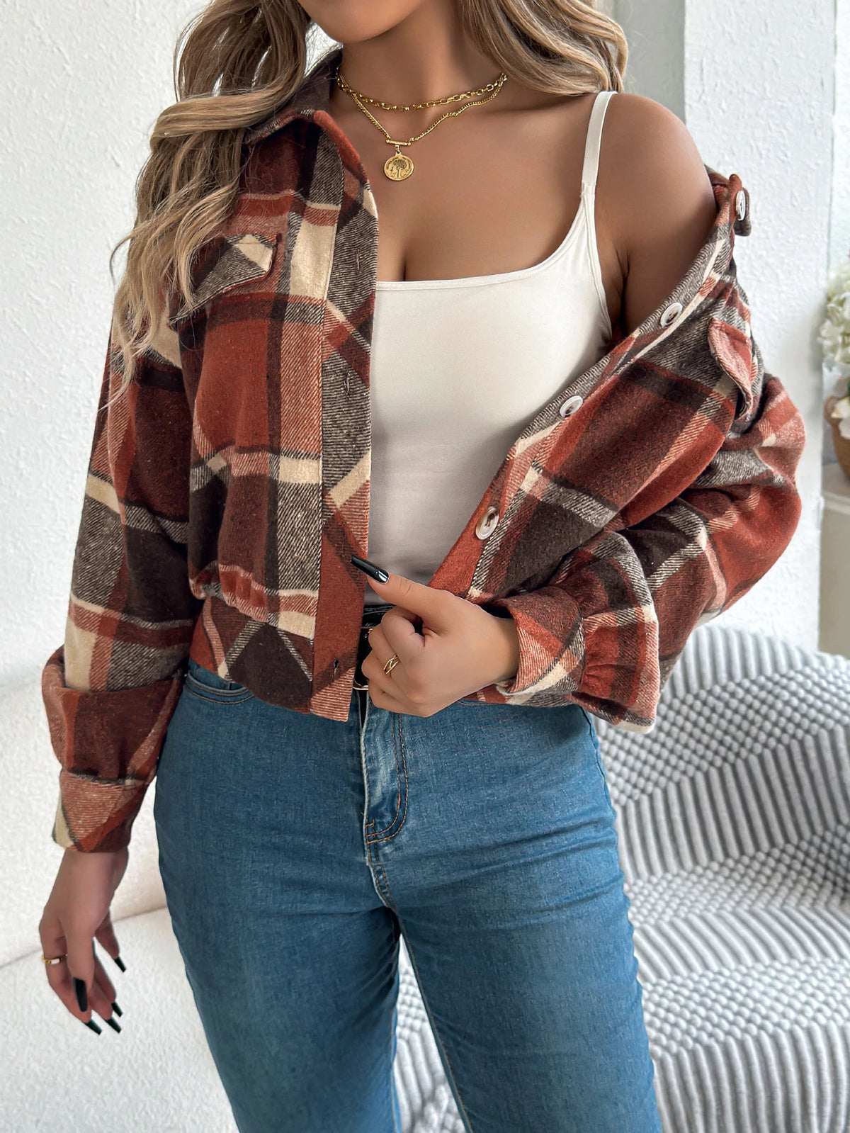 Autumn Winter Casual Plaid Cropped Jacket Lapel Lantern Long Sleeve Single Breasted Woolen Jacket 2026 Fashion Women Clothes