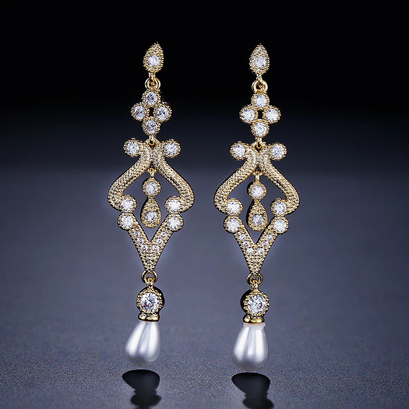 ZAKOL Elegant Simulated Pearl CZ Bridal Long Drop Earrings Fashion Engagement Wedding Jewelry Gifts for Women