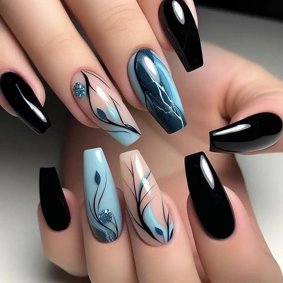 Medium long fake nails Blue pink flowers leaf for Spring summer ballet shape full cover reusable ABS Press-On Artificial Nails