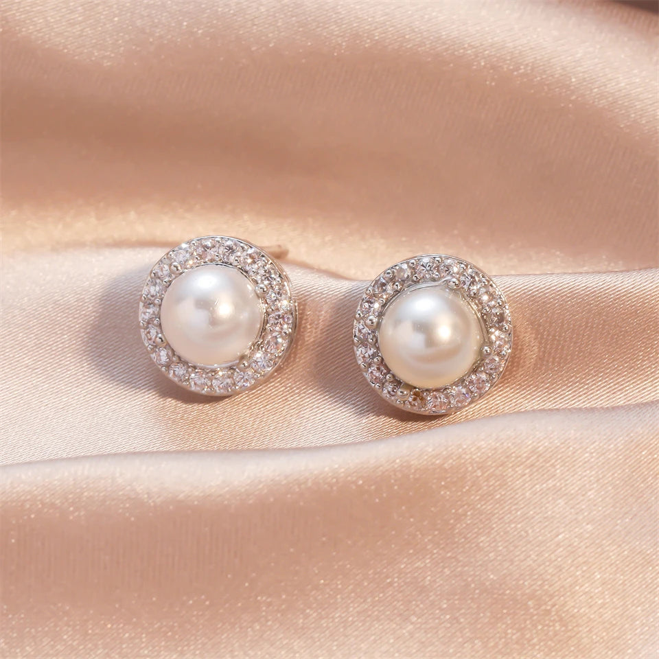 ZAKOL Delicate Light Blue CZ Stud Earrings Geometric Oval Zircon Imitation Pearl Earring for Women Fashion Jewelry Gifts