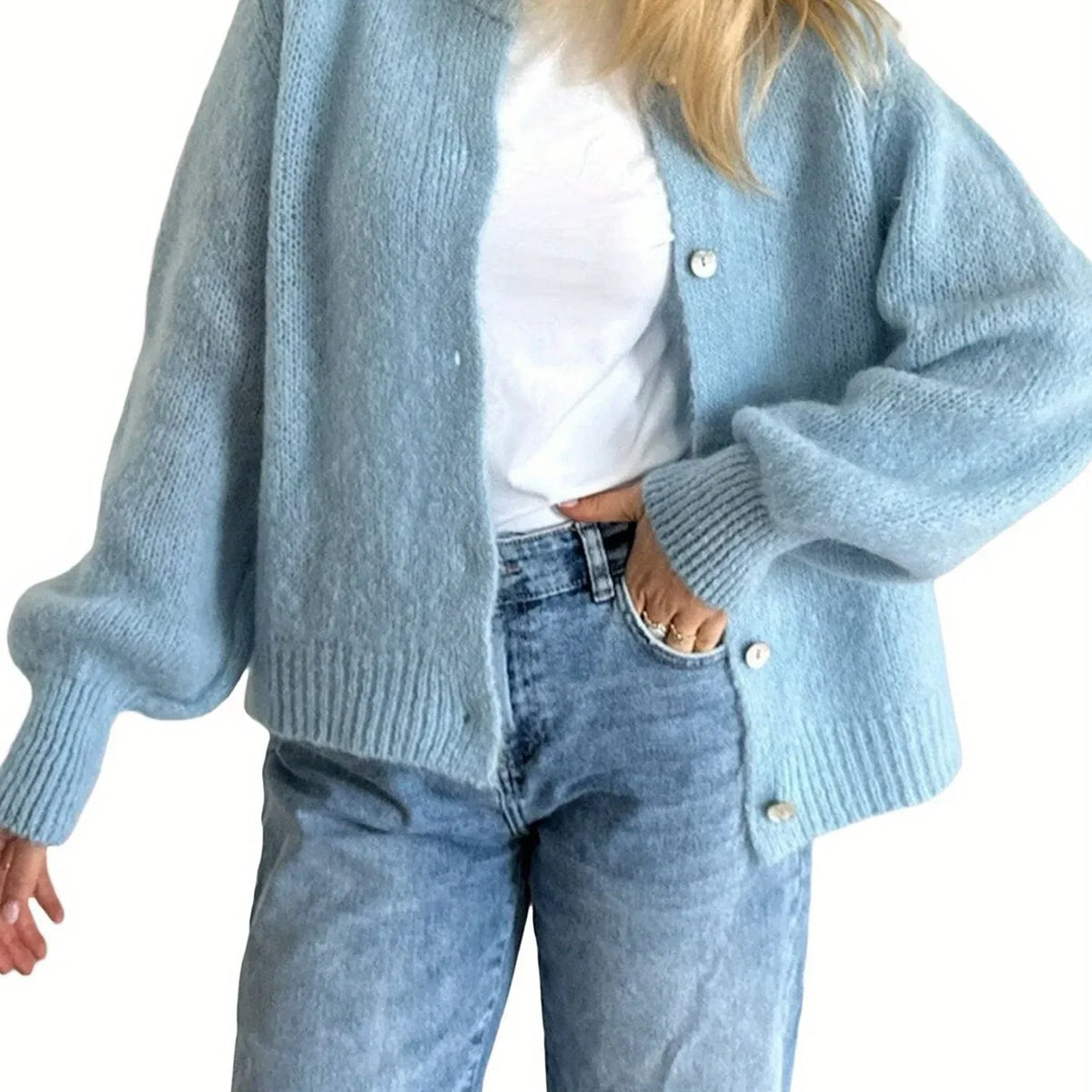 Women Mohair Knit Cardigan O Neck Elegant Lantern Long Sleeve Oversized Loose Fluffy Sweater Coat Autumn Winter Casual Knitwear