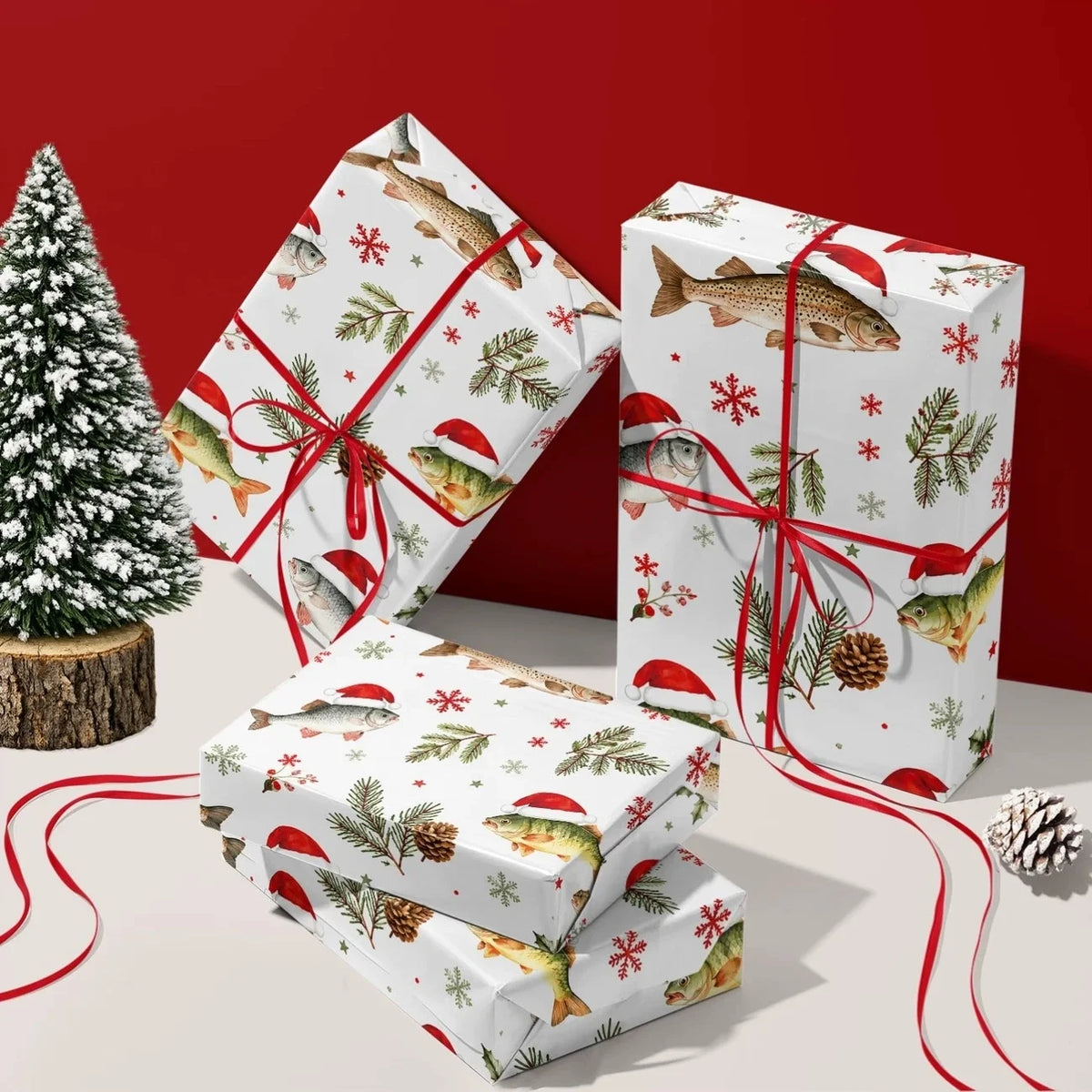 43X300CM Fisherman Christmas Wrapping Paper, Cute Santa Hat Fish Pattern, Winter Pine & Holly Design for Angler Holiday Gifts
