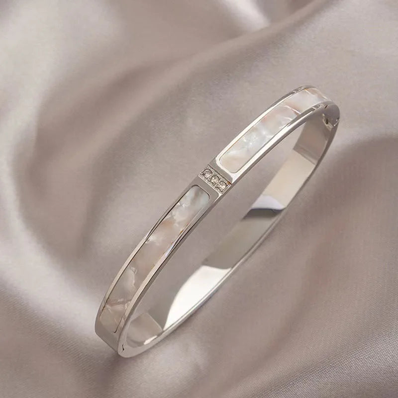 ZAKOL Niche Design White Fritillary Shell Stainless Steel Bracelet for Women Fashion Inlaid Zirconia Daily Bangle Jewelry Gift