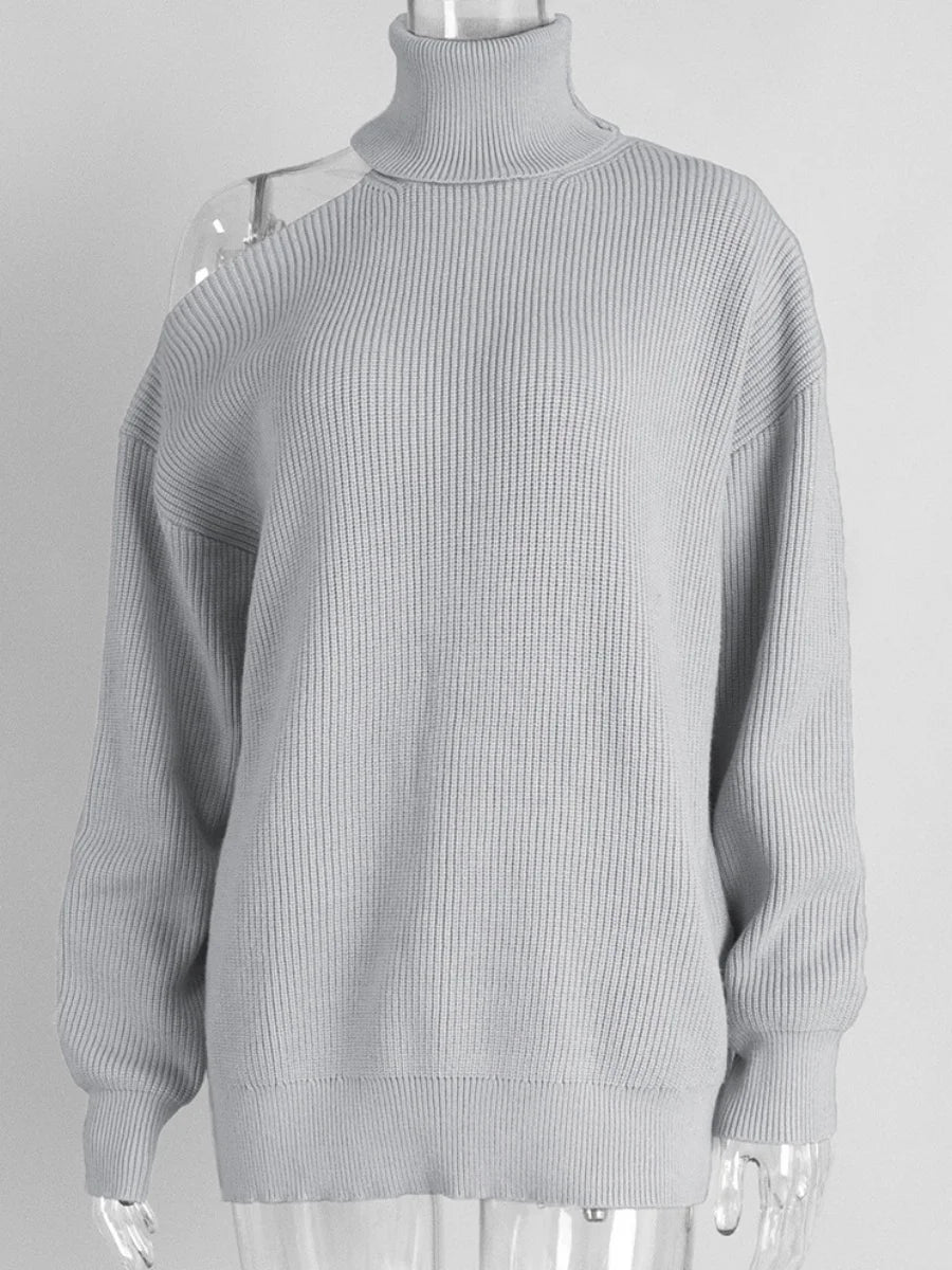 Women New Turtleneck Cutout Shoulder Pullover Long Sleeve Ribbed Knit Trendy Loose Fit Sweater Autumn Winter Fashion Streetwear
