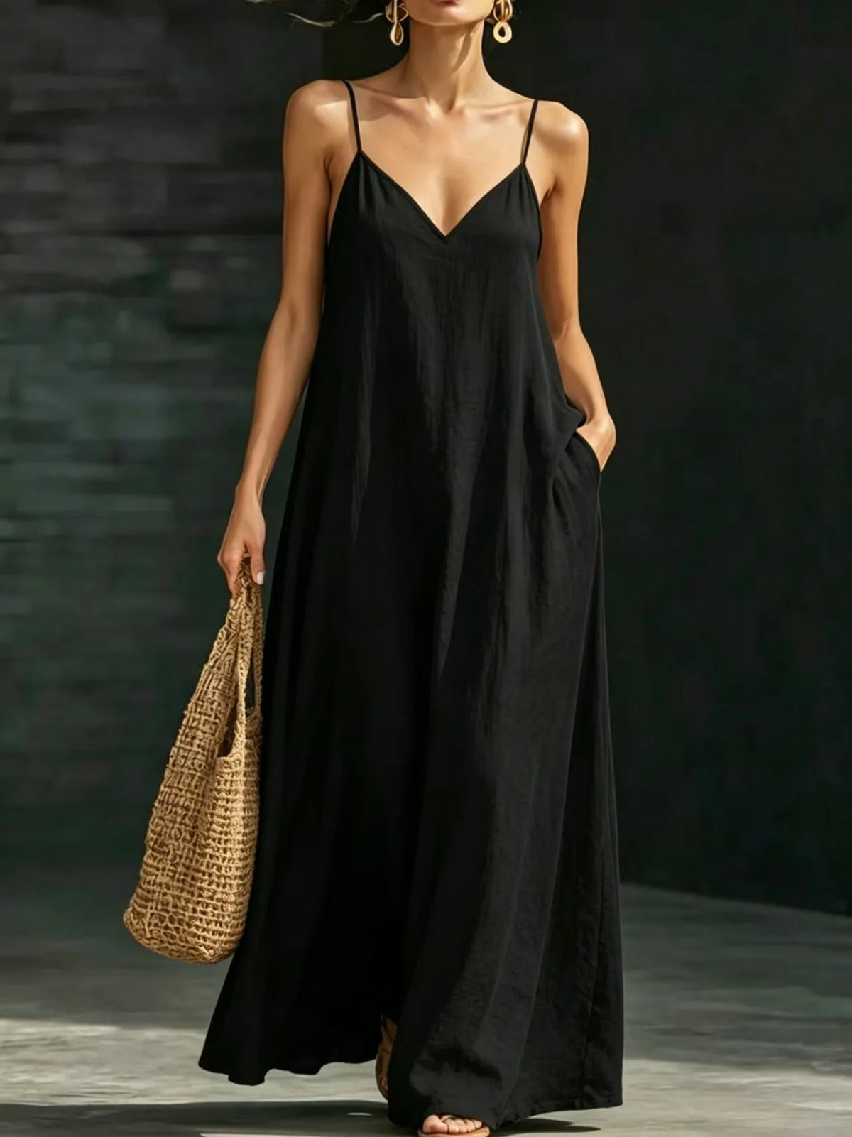 Women Linen Spaghetti Strap Maxi Dress V Neck Loose Swing Long Dress With Pockets Casual Summer Beach Vacation Sundress Ladies