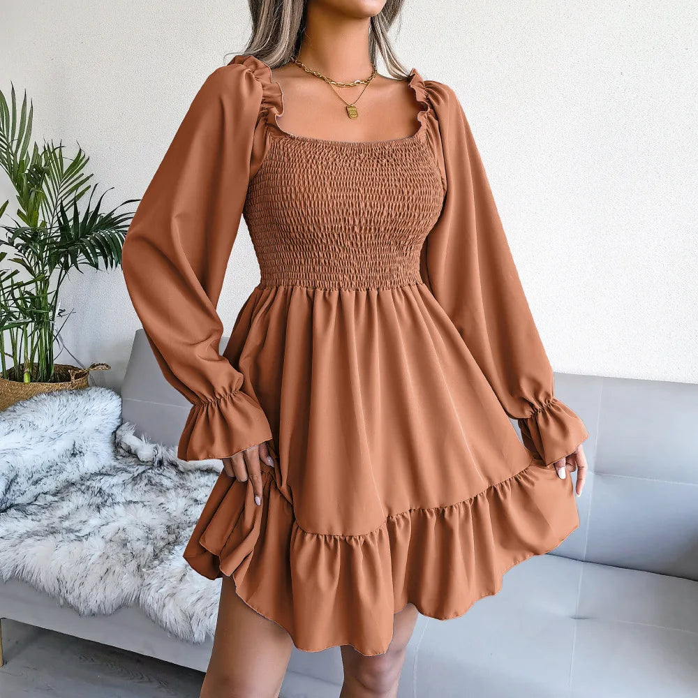 Spring Summer Casual Solid Color Square Neck Flared Long Sleeve Ruffled Dress Red Orange Green Black 2026 Fashion Woman Clothing