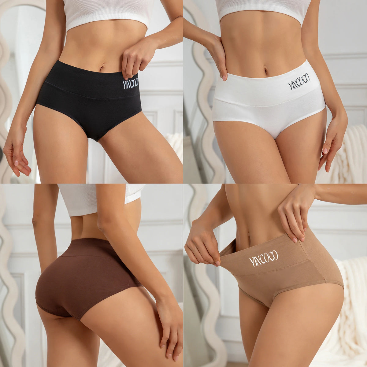 5PCS Women's High Waist Cotton Briefs Solid Color Letter Print Panties Elastic Breathable Comfortable Ladies Daily Underwear